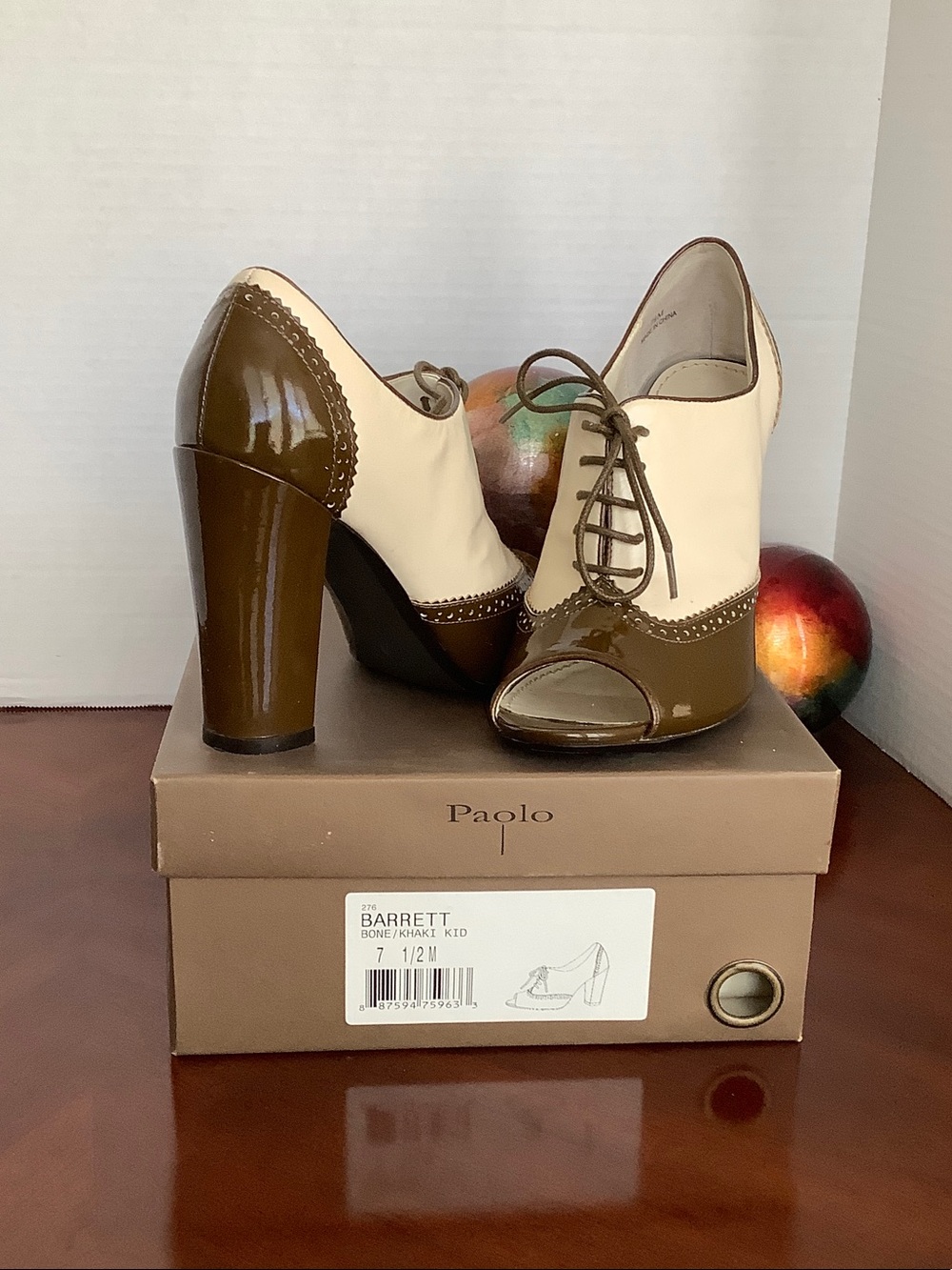 Paolo Bone and Khaki Patent Lace-Up Peep-Toe Heels